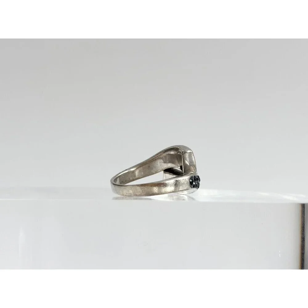 Black Onyx & Simulated Diamond 925 Sterling Silver Vintage Ring - sz 7